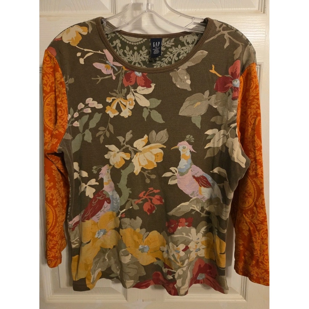 vintage Gap Pheasants Wallpaper Print T-shirt XL 3/4 Sleeve